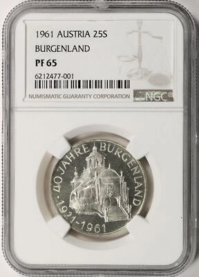 1961 Austria Silver 25 Schilling NGC PF65 Burgenland - Image 1 of 4