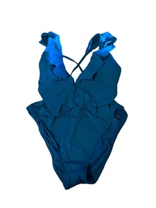 Kona Sol Blue Bathing Suit One Piece Size XL (16) Criss Cross Back Ruffle Neck - Picture 1 of 6