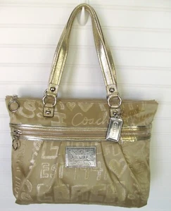 Borsa Coach Poppy Gold Metallic Story Patch grande borsa a tracolla glam tote bag borsetta - Foto 1 di 11