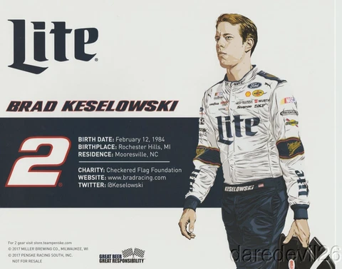 2017 Brad Keselowski Miller Lite Ford Fusion NASCAR MENCS postcard Cover