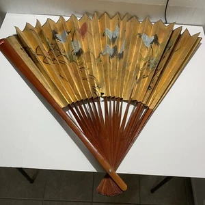 Vintage Folding Wall Fan X-Large Hand Painted Wall art Gold Cranes Design - Picture 1 of 12
