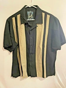 Men's Paradise Collection Black Tan Striped Cabana Shirt Medium Button Front - Picture 1 of 3