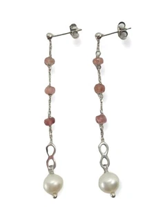  ORECCHINI PENDENTI IN ARGENTO 925 CON TORMALINE ROSA, PERLE BIANCHE E INFINITO - Foto 1 di 1