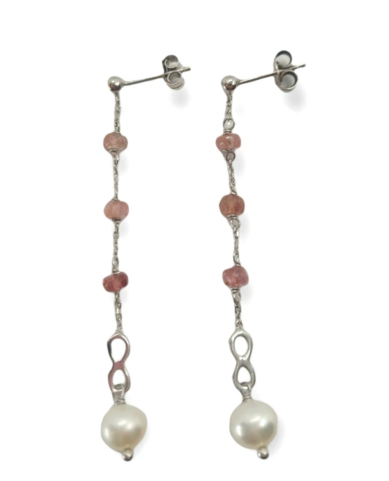  ORECCHINI PENDENTI IN ARGENTO 925 CON TORMALINE ROSA, PERLE BIANCHE E INFINITO - Immagine 1 di 1