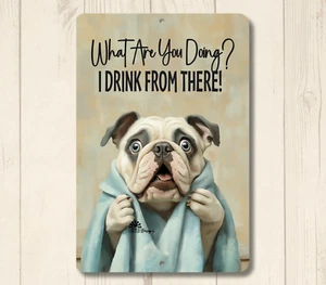 English Bulldog Bathroom Sign toilet bowl bath bull dog funny metal tin wall art - Picture 1 of 6