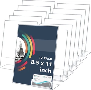 12 Pcs Acrylic Sign Holder with Business Card Holder Slanted Paper Stand Clear B - Picture 1 of 6