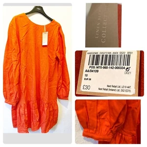 Next Size 12 R Red Orange Linen Blend Tie Back Long Sleeve Smock Frill Hem Dress - Picture 1 of 12