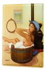 metal plate tin Sign sexy pinup girl cowgirl bathing in washtub 20x30 vintage