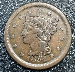 1854 Braided Hair Large Cent 1c VF Very Fine - Picture 1 of 2