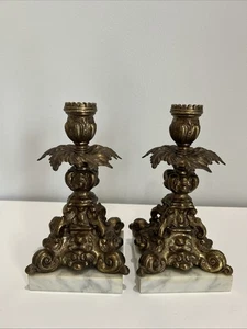 Set Hollywood Regency Style Candlestick Holders Brass Marble Vintage Pair - Picture 1 of 20
