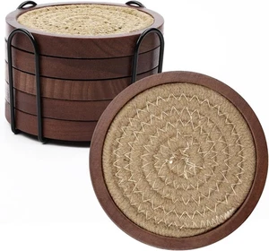 Mckanti 5 Pack Wooden Coasters with Holder for Coffee Table Decor, Absorbent - Picture 1 of 3