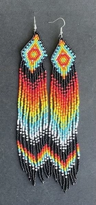 Boho Western Style Tribal Seed Bead Beaded Earrings Fringe Tassel Extra Long - Picture 1 of 4