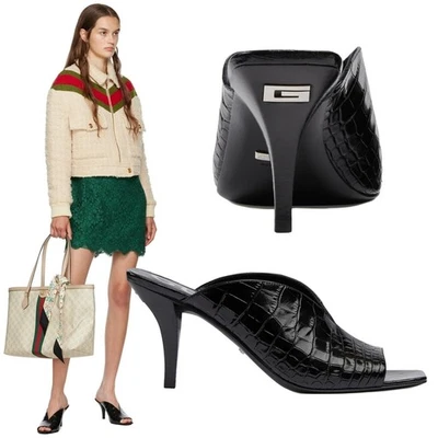 GUCCI SHOES BLACK CROCODILE PRINT SLINGBACK SANDALS OPEN TOE $790 sz IT 38 US 8 - Image 1 of 4