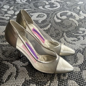 VTG Italy Heels 8.5 Susan Bennis Warren Edwards Gold Leather & Mesh Pumps RARE! - Picture 1 of 8