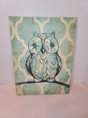 12" X 16" Owl Print Distressed Look Picture Hang Wall Art Blue Canvas  - Image 1 of 4