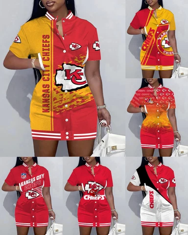 Kansas City Chiefs Women's Snap Button Varsity Jacket Dress Short Sleeve Dress Cover