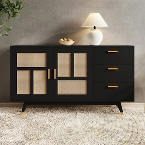 Kommode mit 2 Türen und 3 Schubladen, Rattan Sideboard mit Verstellbare Ablage - Bild 1 von 13