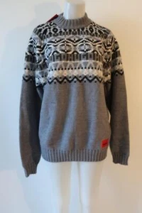 NWT Mens Hugo Boss Gray Black Virgin Wool Blend Chunky Knit Crew Neck Sweater L* - Picture 1 of 7