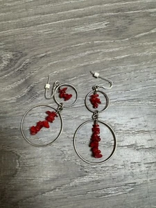 Vintage Handmade Earrings Double Hoop Red Stone Bin 25 - Picture 1 of 1