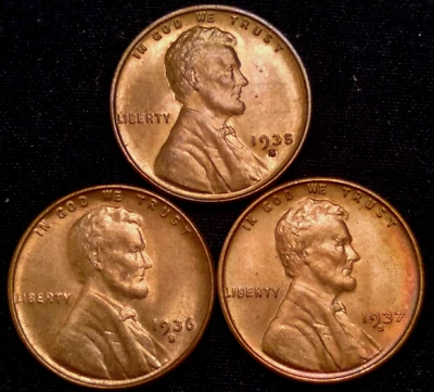 1935S 1936S 1937S Lincoln Wheat Penny Cent BU ~Red Brilliant Uncirculated GEMS~ - Image 1 of 4