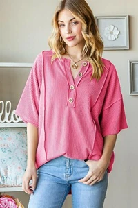Heimish Full Size Ribbed Half Button Drop Shoulder Top - Picture 1 of 4
