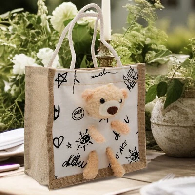 Bolso de mano artesanal de diseño limitado de arpillera yute cremallera oso muñecas bolsa de regalo 8X8X4" Foto 1 de 4