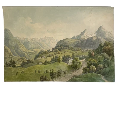 Pintura de paisaje acuarela vintage campo europeo 18,5 x 12,5" sin marco Foto 1 de 4