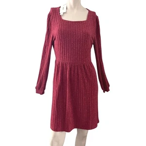 Damen Kleid L Langarm Rippstrick eckiger Ausschnitt Freizeit Cottagecore Struktur - Bild 1 von 9