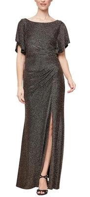 Alex Evenings Metallic Ruched Flutter Sleeve Gown Size 6 Black Gold Retail $199 - Image 1 of 4