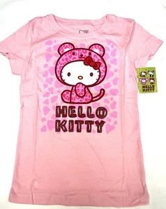 Hello Kitty rosa Glitzer Gepard T-Shirt neu mit Etikett Kinder L 8/9 2015 Sanrio fein selten - Bild 1 von 3