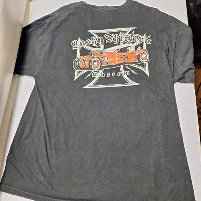 Lucky 13 服装 T 恤男式 L 码黑色热杆摩托车扑克纹身 — 第 1/4 张图片