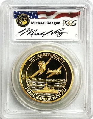 2016 P GOLD TUVALU $200 PEARL HARBOR 2 oz HIGH RELIEF MICHAEL REAGAN PCGS PR 70 - Image 1 of 2