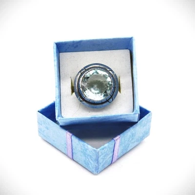 925 Silver Ring Large Faceted Round Pale Blue Crystal or CZ  Size 7.5 - Image 1 of 4