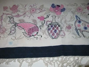 Large Antique Chinese Minority Hand Embroidery Deer Bird Fish Flowers Blue Pink - Picture 1 of 11