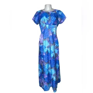 Maxi Vestido Aloha Floral De Colección Años 70 Sun Fashions of Hawaii Azul Púrpura - Imagen 1 de 14
