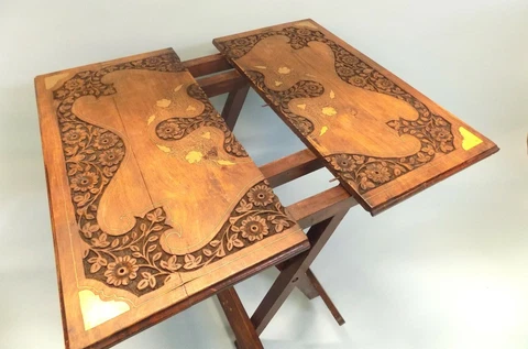 Antique Colonial Teak and Brass Inlaid Campaign Folding Table. English Raj Cover