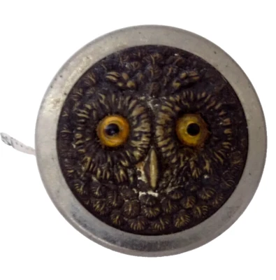 Vintage Metal Owl Tape Measure Glass Eyes Germany - Image 1 of 4