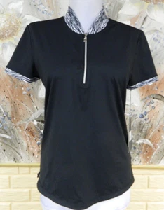 NWT ELEGANT MAGGIE LANE SZ SMALL BLACK PRINT TIPPED S/S GOLF SHIRT 1/4 ZIP FRONT - Picture 1 of 3