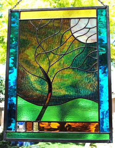 Stained Glass Window Panel windy tree blue gold turquoise green Cover