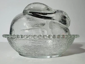 Vintage Indiana Glass Covered Bunny Rabbit On Nest Hobnail - Picture 1 of 6