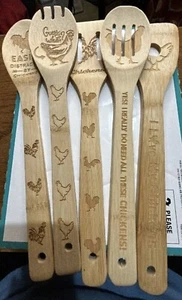 Set of 5 Funny Chicken Themed Wooden Kitchen Cooking Utensils - Picture 1 of 1