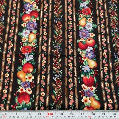 Vintage Joan Kessler Striped Fruits & Florals Cotton Fabric by the HALF YARD - Image 1 of 2
