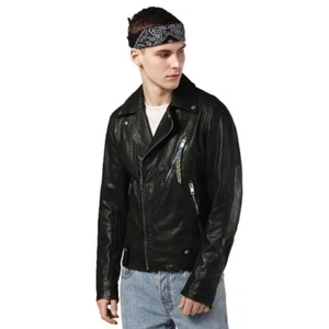 NUEVO CON ETIQUETAS Diesel L-WILLCOX Hombres CUERO Oveja Moto Chaqueta NEGRA XL X-Large - Imagen 1 de 5