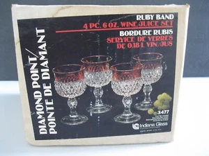 Vintage Indiana Glass Co. Diamond Point Wine Juice Set of 4 6oz Ruby Band in Box - Picture 1 of 13