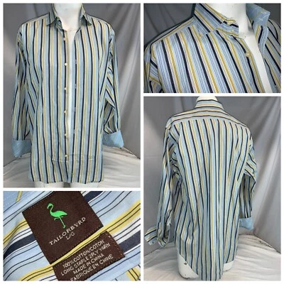 Camisa masculina TailorByrd punho flip L listra amarela azul algodão nova sem etiquetas YGI E0-373 - Imagem 1 de 4