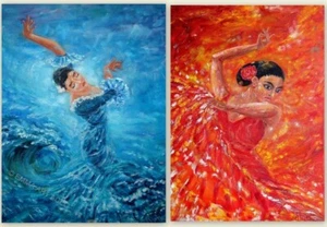 SET x2 IMPRESIÓN ACEO de PINTURA - BAILE FLAMENCO FUEGO DE AGUA mujer bailarina por EMMA - Imagen 1 de 7