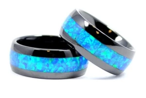 8mm Men's Black Ceramic Hawaiian Blue Opal Wedding Band Ring - Sizes 6 - 14 - Picture 1 of 2