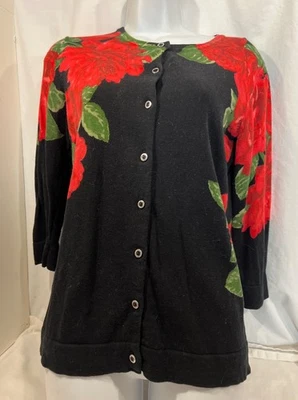 ISAAC MIZRAHI LIVE! black red rose cardigan sweater top Women S - Image 1 of 4