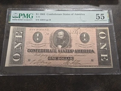 1864 $1 T-71 Confederate States of America Note PMG 55 AU About Uncirculated - Image 1 of 4