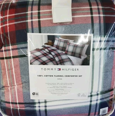 "Juego de edredón Tommy Hilfiger Devon tartán rojo rey a cuadros de algodón 108""x96""" Foto 1 de 4